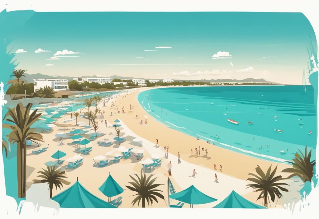 Modern rajzfilm illusztráció Ayia Napa Nissi Beach panorámájáról, kristálytiszta kék vízzel, fehér homokos stranddal és buja pálmafákkal, fő színvilágban a türkiz.