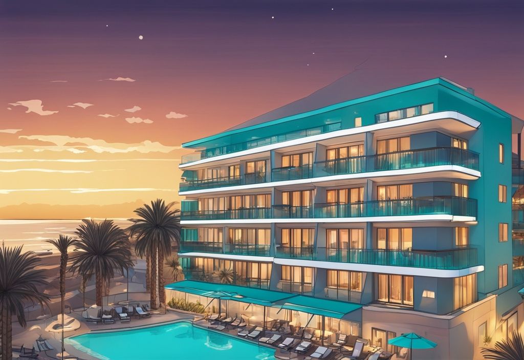 Modern rajzfilm illusztráció a Hotel Abacus Suites **** Ayia Napa panorámájáról, esti fényben megvilágítva, pálmafákkal körülvéve, háttérben a tengerpart.