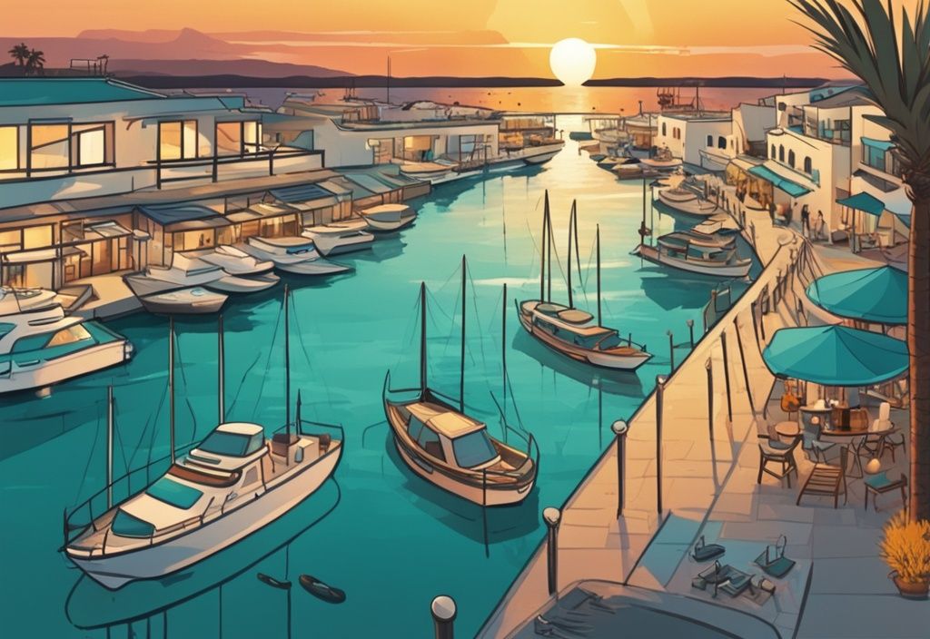 Modern rajzfilm illusztráció Ayia Napa Marina panorámájáról naplementében, teal színvilággal, hajók ringatóznak a ragyogó vízen.