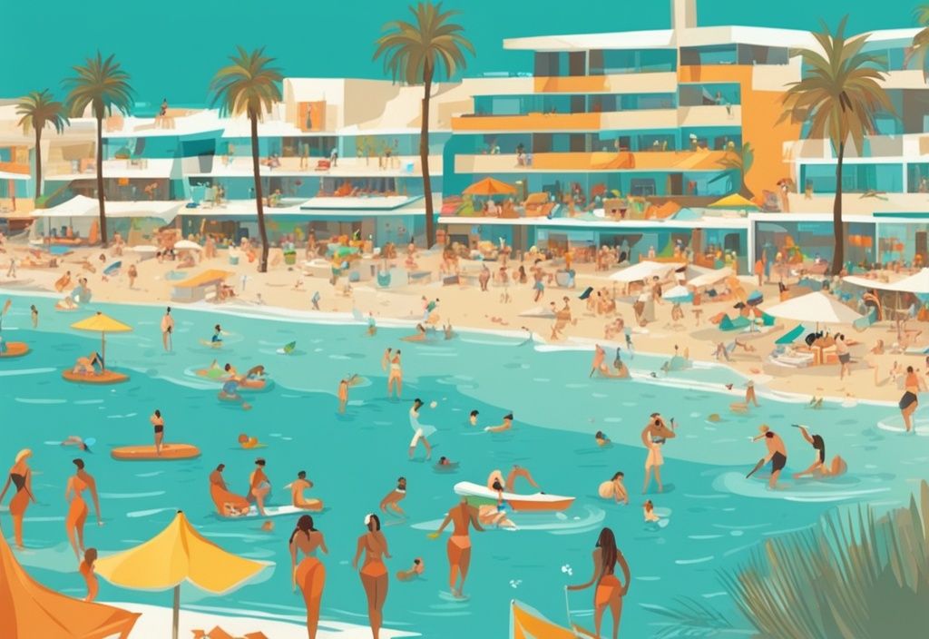 Modern rajzfilm illusztráció egy napfényes, turistákkal teli ayia napa nyaralás 2024 strandról, ahol vízi sportok, napozás és egzotikus koktélok élvezete zajlik a tengerparton, a fő szín a türkiz.