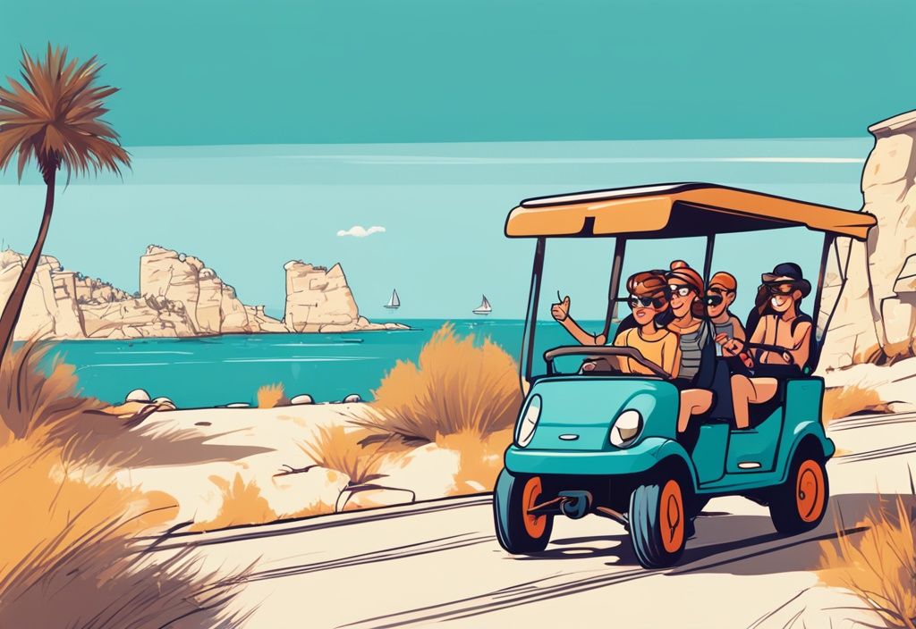 Fiatal turisták izgatottan vezetnek színes bérbuggykat egy poros ösvényen Ayia Napa tiszta kék égboltja és gyönyörű tengerpartja előtt. ayia napa buggy rental