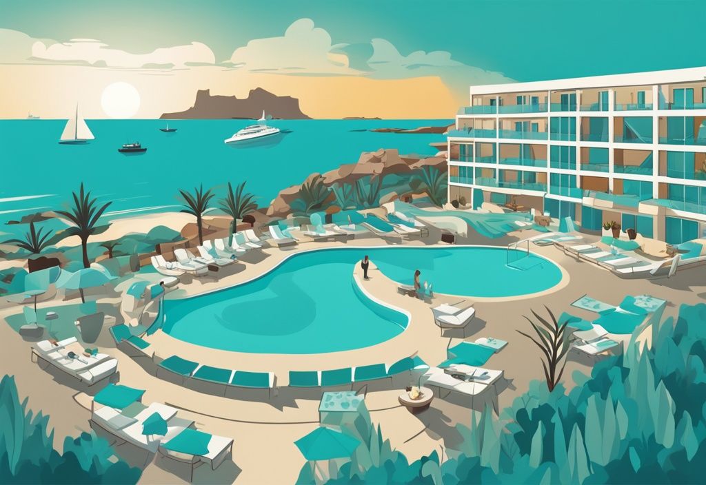 Modern rajzfilm illusztráció a luxus Faros Hotel Ayia Napa panorámájáról, élénk kertekkel, medencékkel és a kristálytiszta kék Földközi-tenger háttérrel, fő színvilága türkiz.