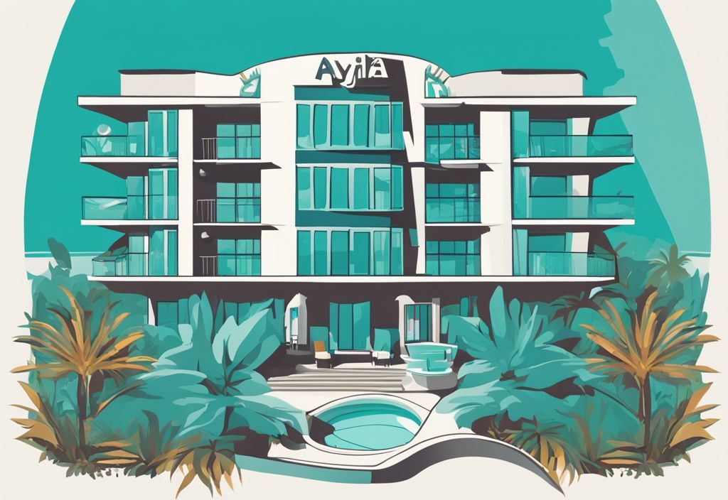 Modern rajzfilm illusztráció a luxus és nyugodt Seasons Hotel Ayia Napa-ról nyáron, buja mediterrán növényzettel körülvéve és a csillogó türkizkék tengerre nézve, fő színvilága a türkiz.