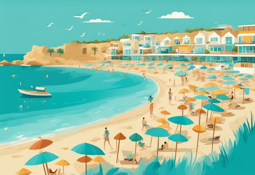 Modern rajzfilm illusztráció Landa Beach Ayia Napa panorámájáról, aranyhomokkal, színes napernyőkkel és azúrkék vízzel.