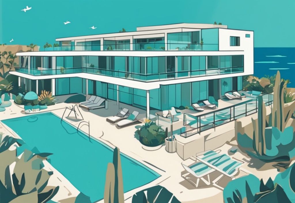 Modern rajzfilm illusztráció Faros Hotel Ayia Napa modern építészetéről, körülötte buja zöld növényzettel és a vibráló kék Földközi-tengerrel a háttérben.