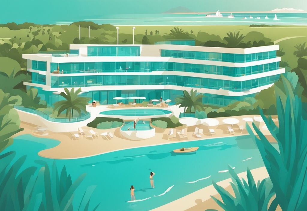 Modern rajzfilm illusztráció a Nissi Park Hotelről, amely buja zöld növényzetben fekszik, háttérben az Ayia Napa csillogó türkizkék vizeivel.