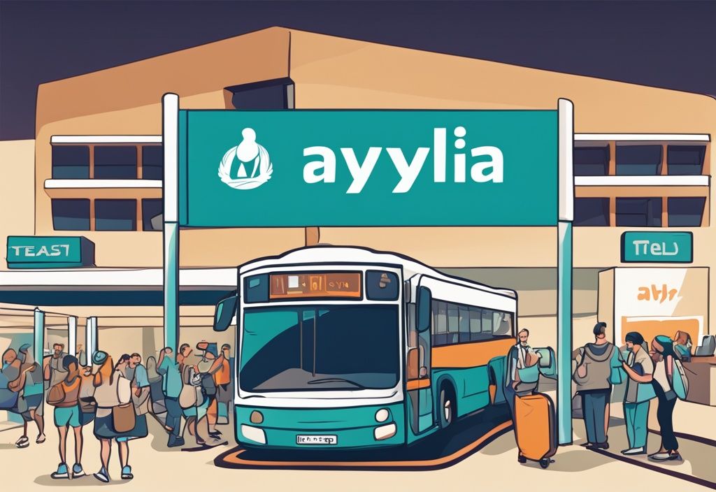 Modern rajzfilm ábrázolás egy nyüzsgő buszállomásról Ayia Napa-Nicosia buszjárat jelzéssel, fő színvilágában a türkiz.