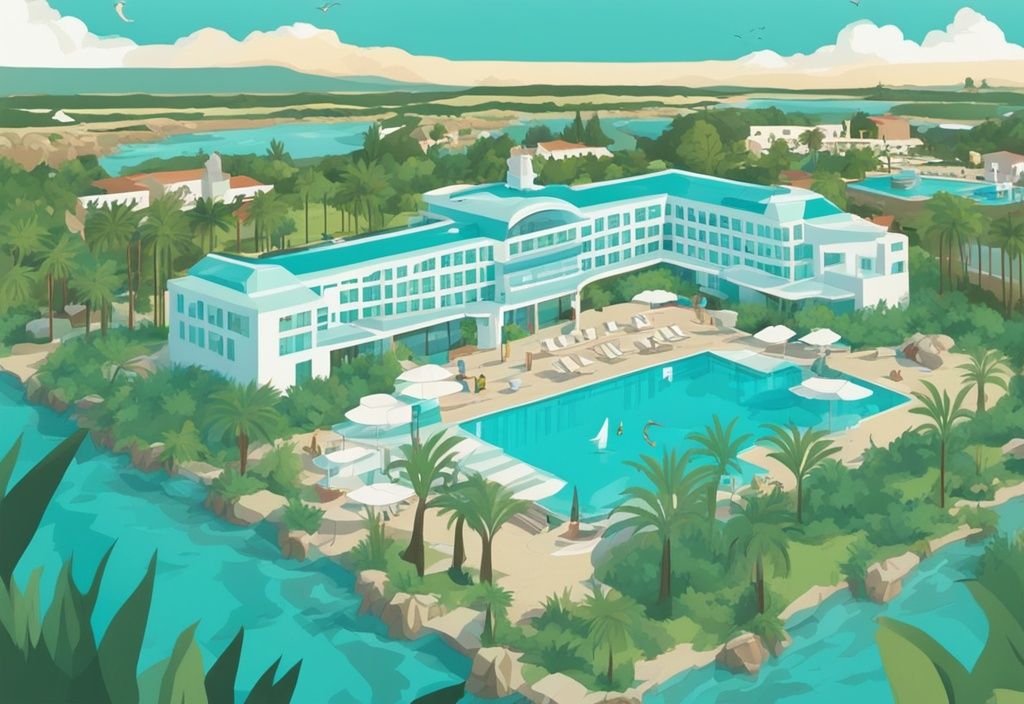 Modern rajzfilm illusztráció a Nissi Park Hotel Ayia Napa madártávlatból, körülötte buja növényzet és a háttérben látható Ayia Napa kristálytiszta partja.