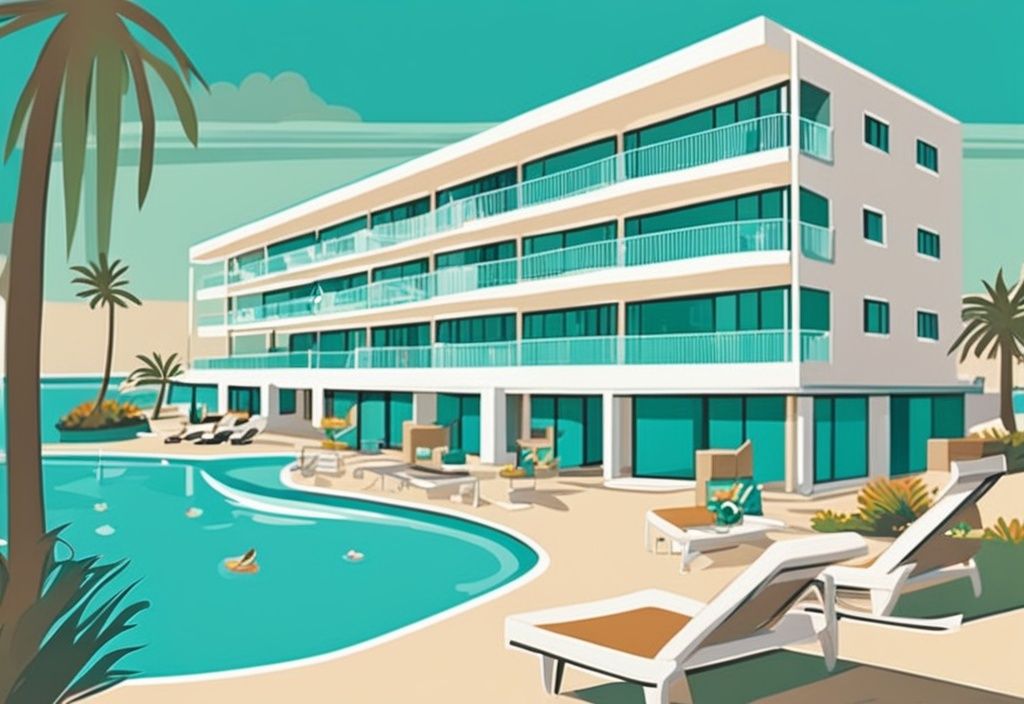 Modern rajzfilm illusztráció az Alion Beach Hotel lenyűgöző külső nézetével Ayia Napa tengerparti városában, körülvéve nyugodt víztestekkel és buja zöld növényzettel, fő színvilága türkiz.