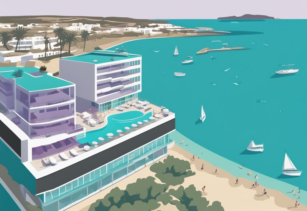 Modern rajzfilm illusztráció az Amethyst Hotel Ayia Napa panorámás kilátásáról és környezetéről, valamint a közeli azúrkék tengerről tiszta égbolt alatt, fő színvilág: türkiz.