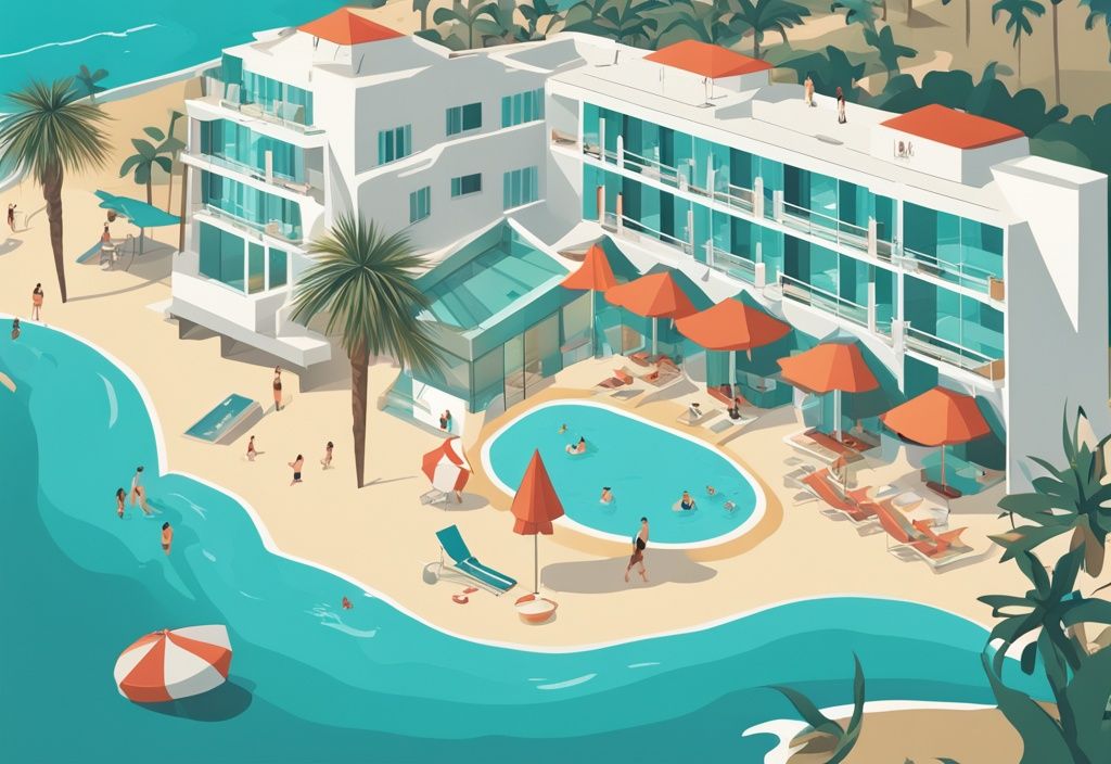 Anmaria Beach Hotel Ayia Napa modern rajzfilm illusztráció, szálloda építészete, óceán kilátás és strand tevékenységek