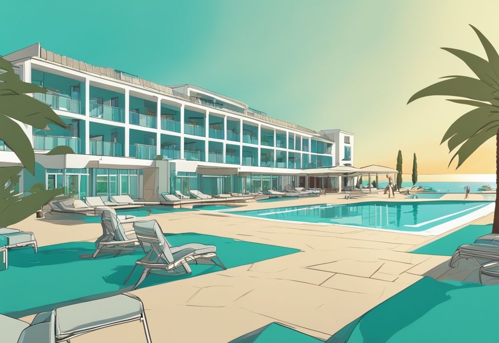 Modern rajzfilm illusztráció a Chrysomare Beach Hotel & Resort - Ayia Napa luxus szállodáról, lenyűgöző építészettel, pálmafás medenceparttal és idilli homokos tengerparttal a háttérben, fő színvilágában a türkiz dominál.