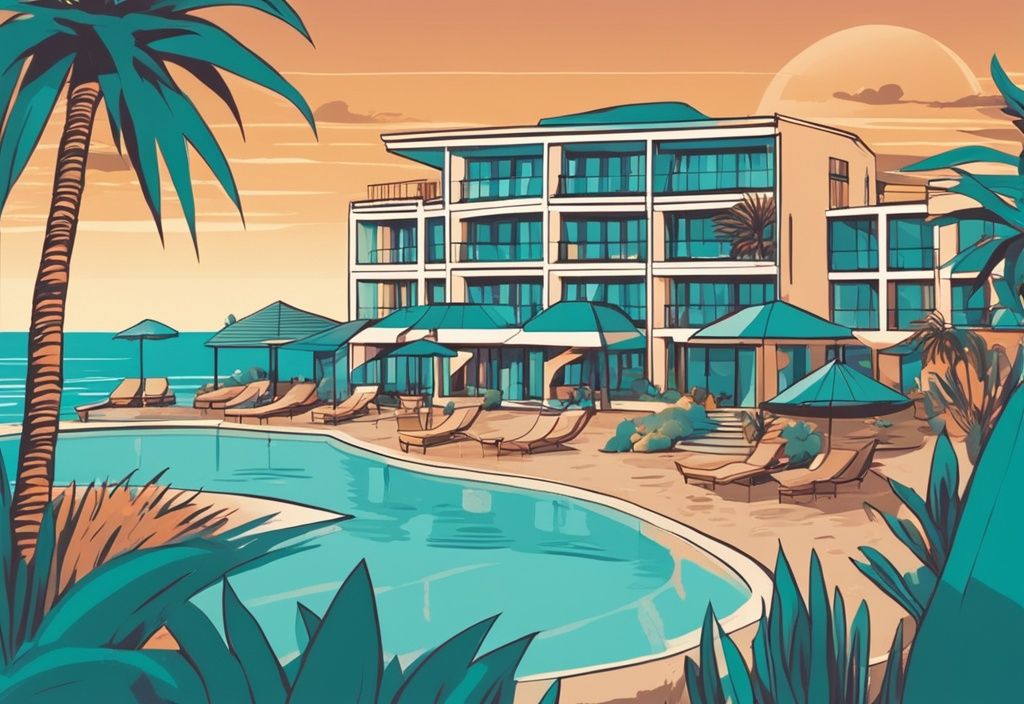 Modern rajzfilm illusztráció a naplementében, amely a Grecian Sands Hotel Ayia Napa-t ábrázolja, háttérben szubtrópusi növényzettel és a csillogó Földközi-tengerrel.