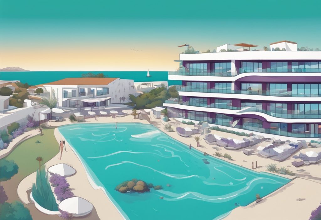 Modern rajzfilm illusztráció az Amethyst Hotel Ayia Napa panorámájáról, környezetéről és a közeli tenger azúrkék vizeiről tiszta ég alatt, fő színvilágában a türkiz dominál.