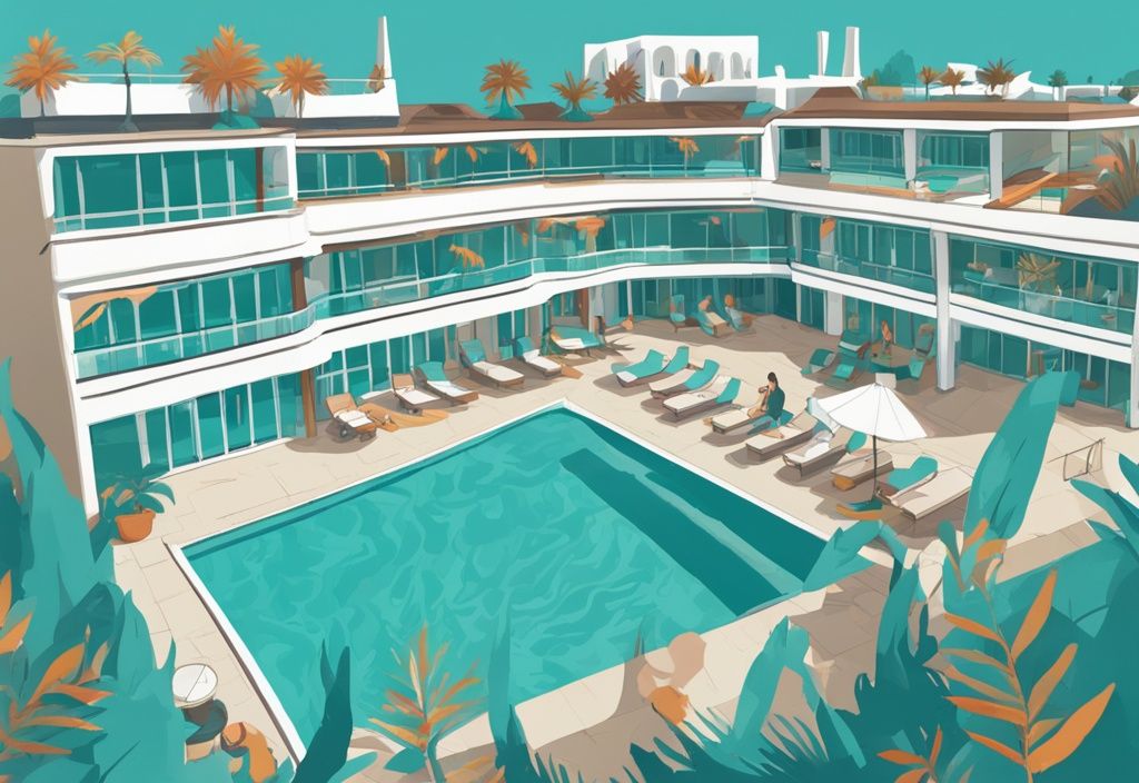 Stamatia Hotel Ayia Napa modern rajz, bemutatva a szálloda építészetét, élénk kertjeit és hívogató úszómedencéjét.