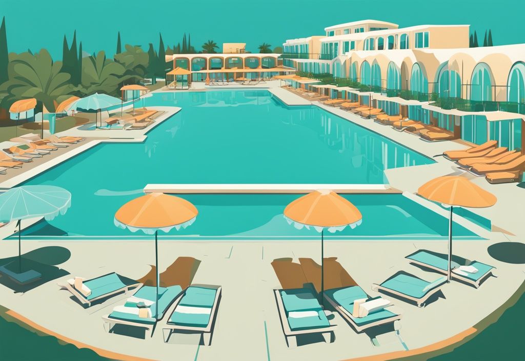 Modern rajzfilm illusztráció aeneas hotel ayia napa, tágas medence területtel, csábító napozóágyakkal, gondozott kertek között, napsütéses ciprusi ég alatt.