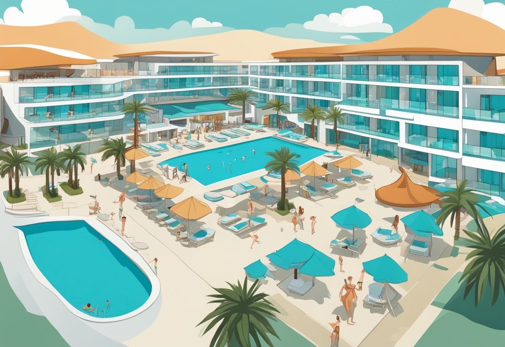 Modern rajzfilm illusztráció a Chrysomare Beach Hotel & Resort légi nézetéről, modern építészettel, kiterjedt medencerésszel, homokos tengerparttal és az Ayia Napa ragyogó kék vizével a háttérben.