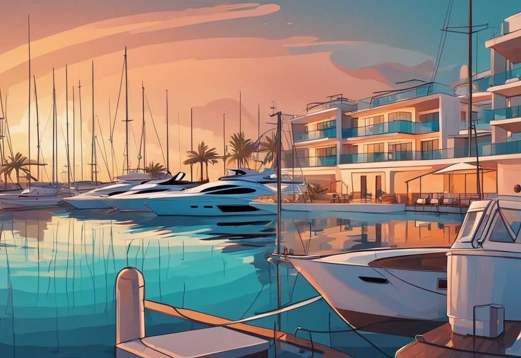 Ayia Napa Marina naplementében, luxusjachtokkal és nyugodt kék vizekkel, modern rajzfilm illusztráció, türkiz színvilág.