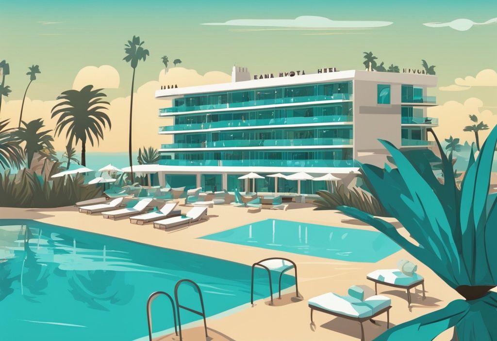 Modern rajzfilm illusztráció a Seasons Hotel Ayia Napa-ról, buja pálmákkal körülvéve, kristálytiszta tengerrel és híres éjszakai élettel a háttérben.