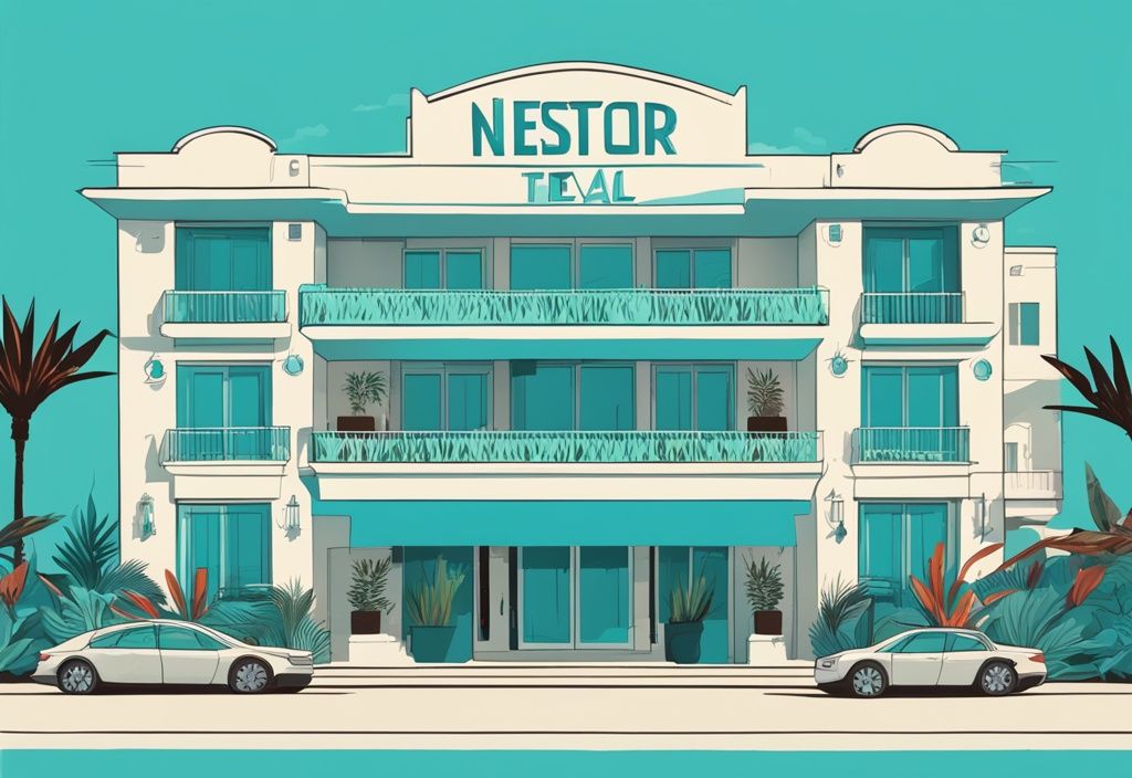 Modern rajzfilm illusztráció a Nestor Hotel elegáns homlokzatáról Ayia Napában, trópusi növényekkel körülvéve, kristálytiszta kék ég háttérrel. Fő szín: türkiz. Kulcsszó: Nestor Hotel Ayia Napa.