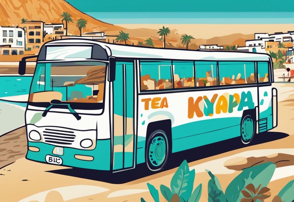 Modern rajzfilm illusztráció teal színvilággal, Ayia Napa busz menetrend információkkal, a festői Ayia Napa tájával és egy turista busz érkezik a gyönyörű strandra.