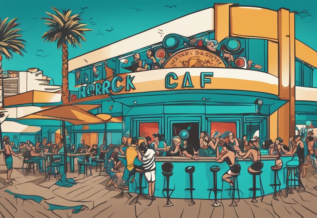 Modern rajzfilm illusztráció a Hard Rock Cafe Ayia Napa-ról, zsúfolt emberekkel és felismerhető logóval, rock-n-roll témájú dekorációval, fő színvilága türkiz.