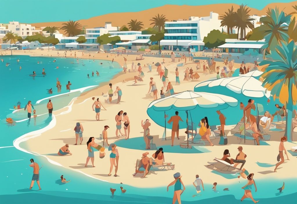 Modern rajzfilm illusztráció Ayia Napa áprilisban, tiszta kék ég, enyhe hőmérséklet, emberek élvezik a napsütést egy virágzó strandon, fő szín a türkiz.