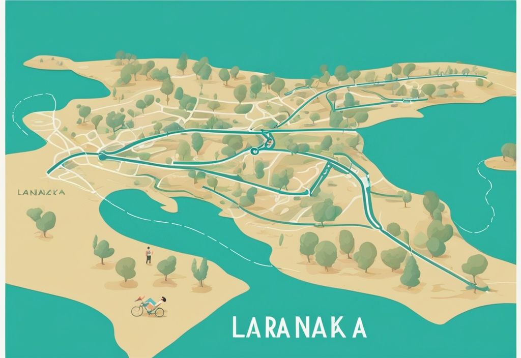 Modern térkép illusztráció Larnaca és Ayia Napa útvonaláról és távolságáról Cipruson, fő színe a türkizkék, larnaca ayia napa távolság.