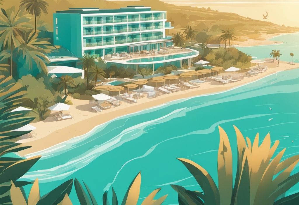 Modern rajzfilm illusztráció a Pierre Anne Beach Hotel Ayia Napa-ról, amely a türkiz tenger partján fekszik, buja zöld növényzettel körülvéve és arany napsütésben fürödve.