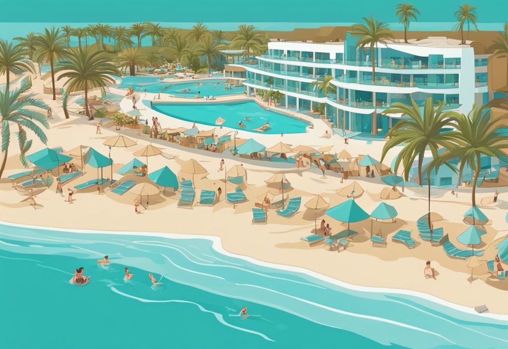 Modern rajzfilm illusztráció Nissiblu Beach Resort Ayia Napa panorámájáról, homokos stranddal, azúrkék tengerrel, pálmafákkal és üdülőhelyi létesítményekkel.