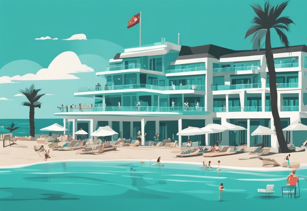 Anmaria Beach Hotel Ayia Napa modern rajzfilm illusztráció, teal színvilág, gyönyörű építészet, nyugodt óceán kilátás, nyüzsgő strand tevékenységek