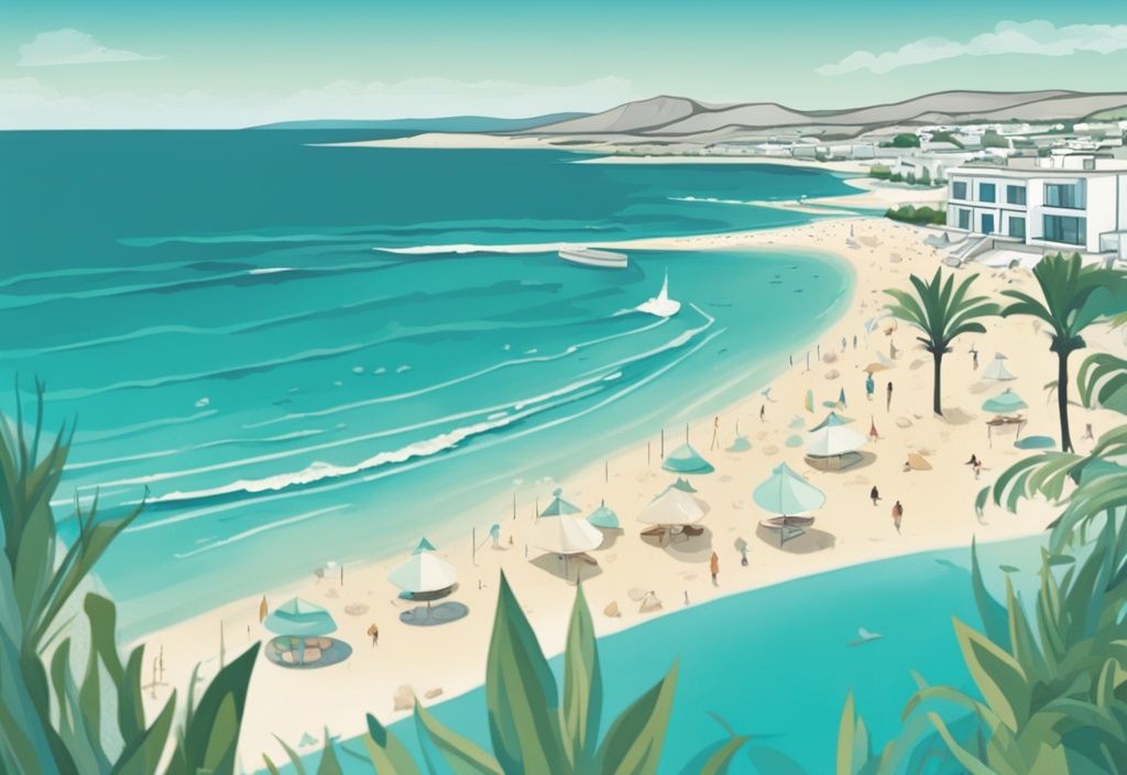 Modern rajzfilm illusztráció Ayia Napa Makronissos strand panorámájáról, kristálytiszta kék vízzel, finom fehér homokkal és buja zöld növényzettel.