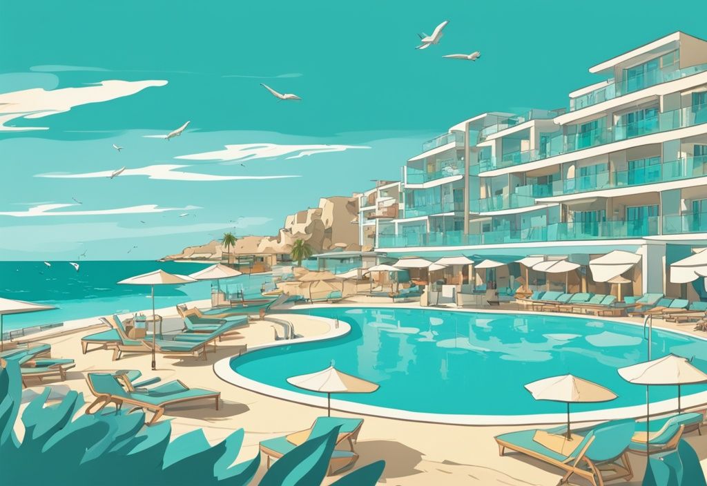 Modern rajzfilm illusztráció Nissiblu Beach Resort, Ayia Napa panorámájáról, napfényes pihenőterülettel, kék úszómedencékkel és a végtelen türkizkék tengerrel a háttérben.