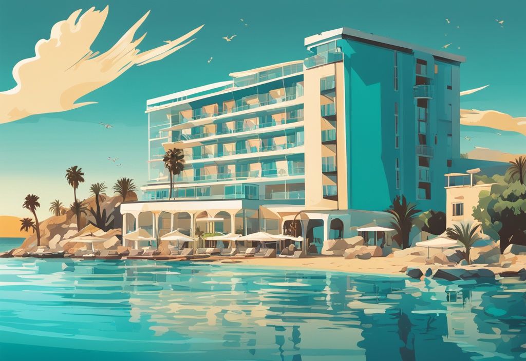 Modern rajzfilm illusztráció a Grecian Bay Hotel Ayia Napa-ról, élénk város szívében, meleg görög napfénnyel megvilágítva, és a nyugodt, kristálytiszta öböl vizével az előtérben, fő színvilága türkiz.