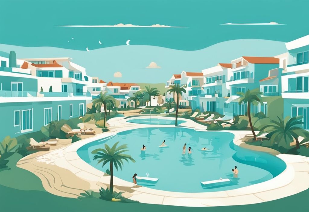 Modern rajzfilm illusztráció, amely a Callisto Holiday Village Ayia Napa fehér épületeit és medencéit ábrázolja egy buja mediterrán tájban, teal színvilággal.