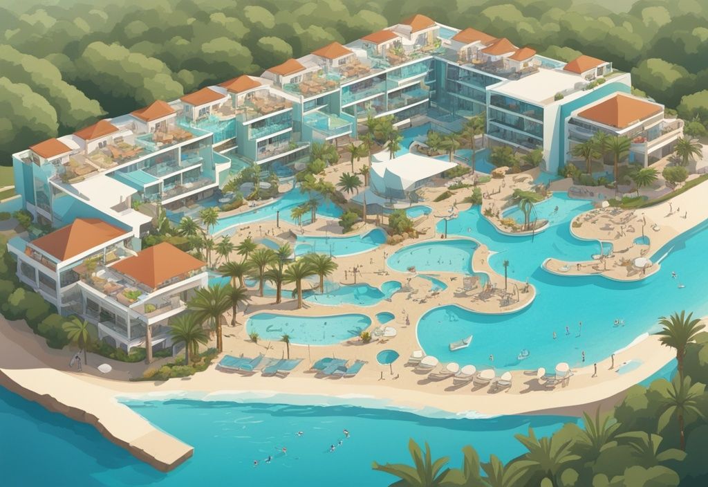 Modern rajzfilm illusztráció az Olympic Lagoon Resort Ayia Napa légi felvételéről, amelyen elegáns szálláshelyek, kiterjedt medencék, buja zöld területek és a tiszta kék tengerpart látható, fő színvilága türkiz.