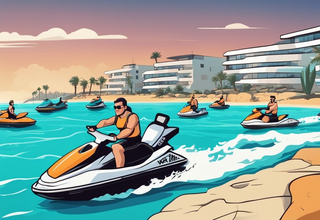 Ayia Napa jetski túra a tengerparton, emberek szórakoznak jetskiken, modern rajzfilm illusztráció teal színekkel.