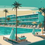 Modern rajzfilm illusztráció a Seasons Hotel Ayia Napa idilli kilátásáról, buja pálmafákkal körülvéve, háttérben a kristálytiszta tenger és a híres éjszakai élet.