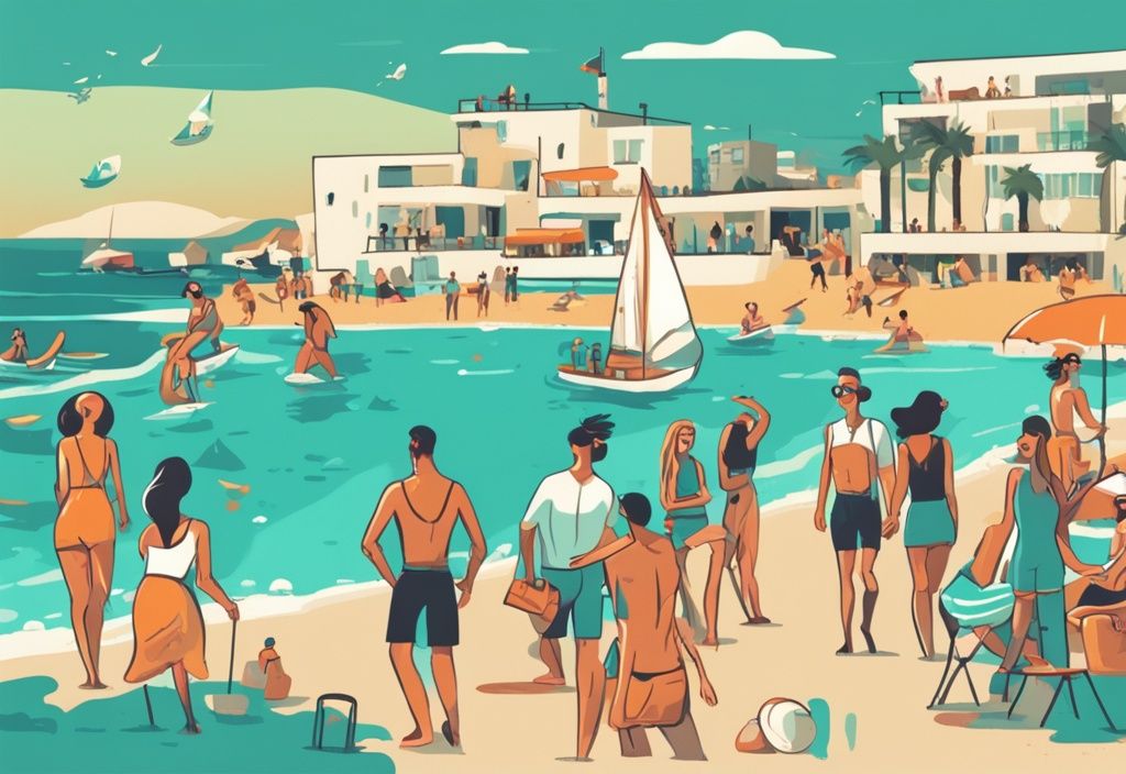 Modern rajzfilm illusztráció turistacsoporttal, akik Ayia Napa programok keretében strandolnak, éjszakai eseményeken vesznek részt és kulturális túrákat fedeznek fel, fő szín: türkiz.