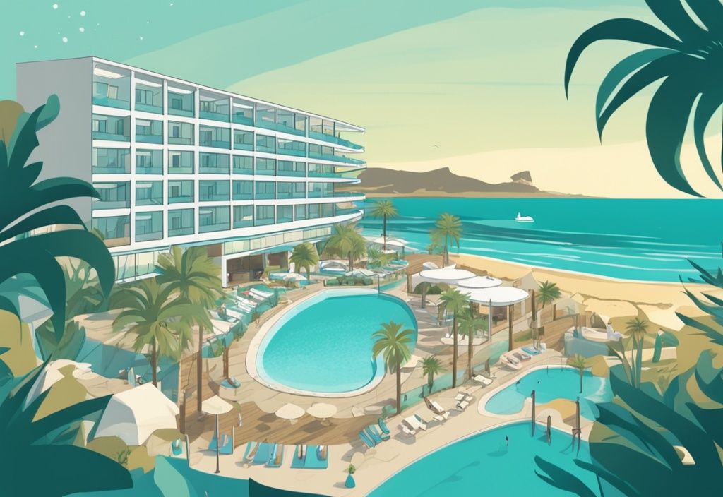 Asterias Beach Hotel Ayia Napa modern rajz, tengerparti szálloda, buja növényzet és kristálytiszta Földközi-tenger háttérben.