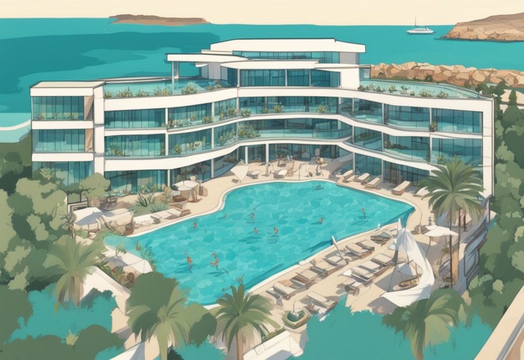 Modern rajzfilm illusztráció, amely a Aeneas Hotel Ayia Napa légi felvételét ábrázolja, hatalmas medencékkel, környező zöld területekkel és a háttérben a kék tengerrel, fő színvilága a türkiz.