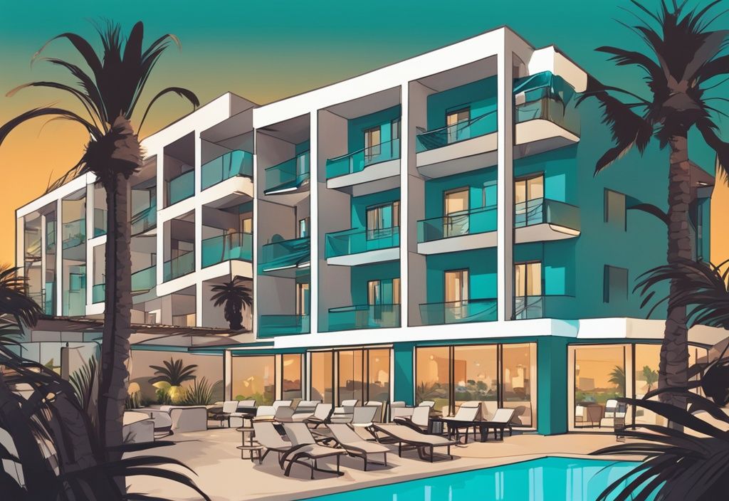 Modern rajzfilm illusztráció a Hotel Abacus Suites **** Ayia Napa luxus szállodáról esti fényben, pálmafákkal körülvéve, háttérben a tengerparttal.