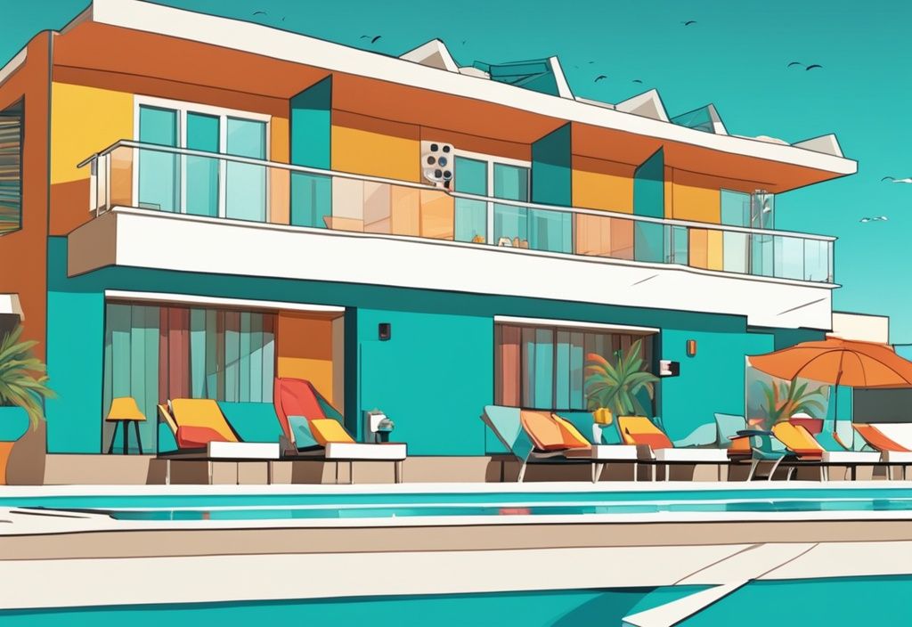 Modern rajzfilm illusztráció Nicholas Color Hotel Ayia Napa színes homlokzatáról és medencéjéről a mediterrán nap alatt.