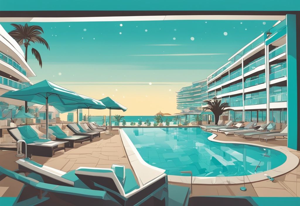 Modern rajzfilm illusztráció az Okeanos Beach Hotel Ayia Napa panorámájával, luxus szobáival, csillogó medencéjével és a lenyűgöző tengerparttal a háttérben.