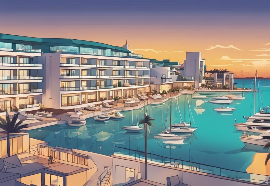 Modern rajzfilmillusztráció a Marina Hotel Ayia Napa panorámájáról, elegáns építészettel, naplementekor, luxusjachtokkal teli nyugodt kikötőre nézve, fő színvilág: türkiz.