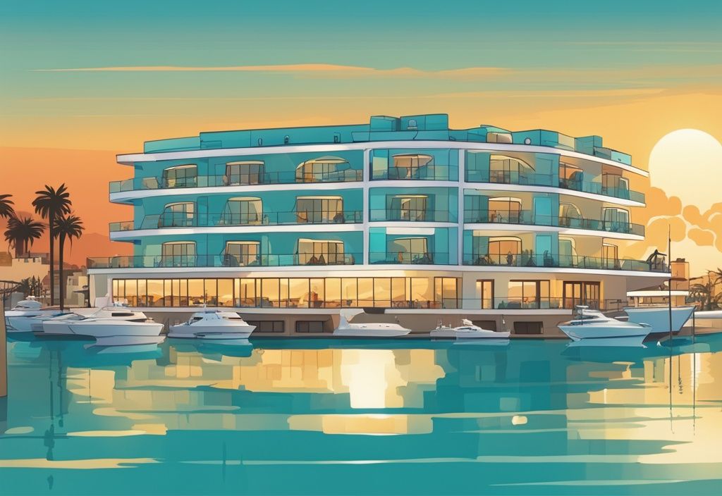 Modern rajzfilm illusztráció a Marina Hotel Ayia Napa panorámájáról, elegáns építészettel, naplementében, luxusjachtokkal teli nyugodt kikötőre nézve, fő színvilágában türkiz.