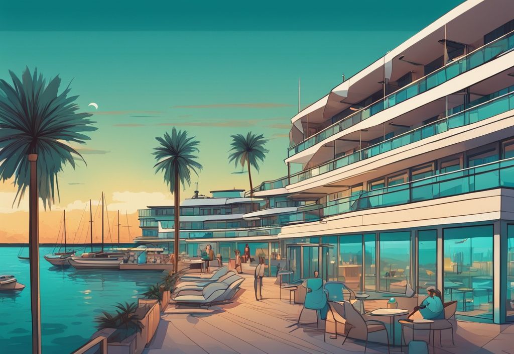 Modern rajzfilm illusztráció a lenyűgöző Marina Hotelről Ayia Napa-ban, csillogó türkiz tengerrel, pazar naplementével, luxus jachtokkal teli nyüzsgő kikötővel és buja pálmafákkal a háttérben.